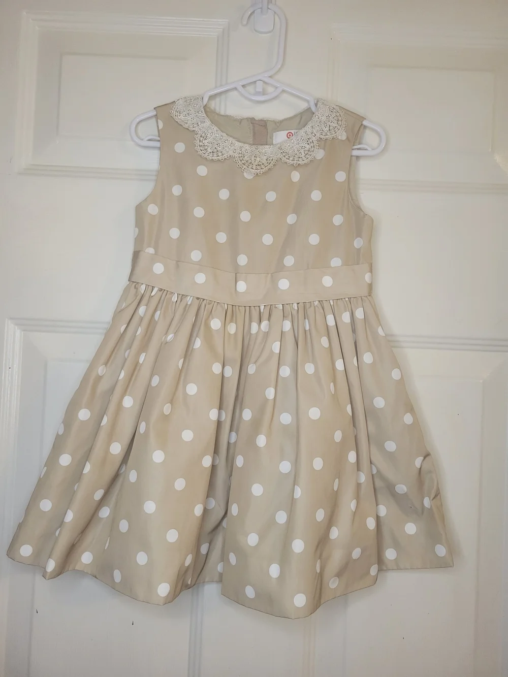 Nieman Marcus Beige Polka Dot Dress with Lace Collar